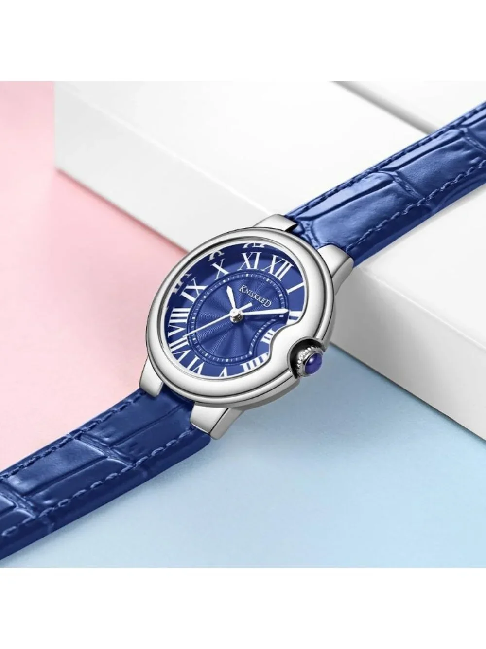 Women's Blue Silver Roman Numerals Solid Vintage Leather Strap Wrist Watches